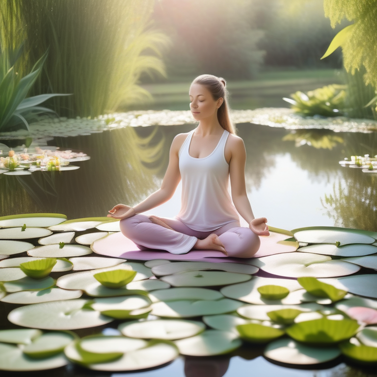 Figure in yoga pose by a serene pond in a tranquil, sunlit pastoral setting.